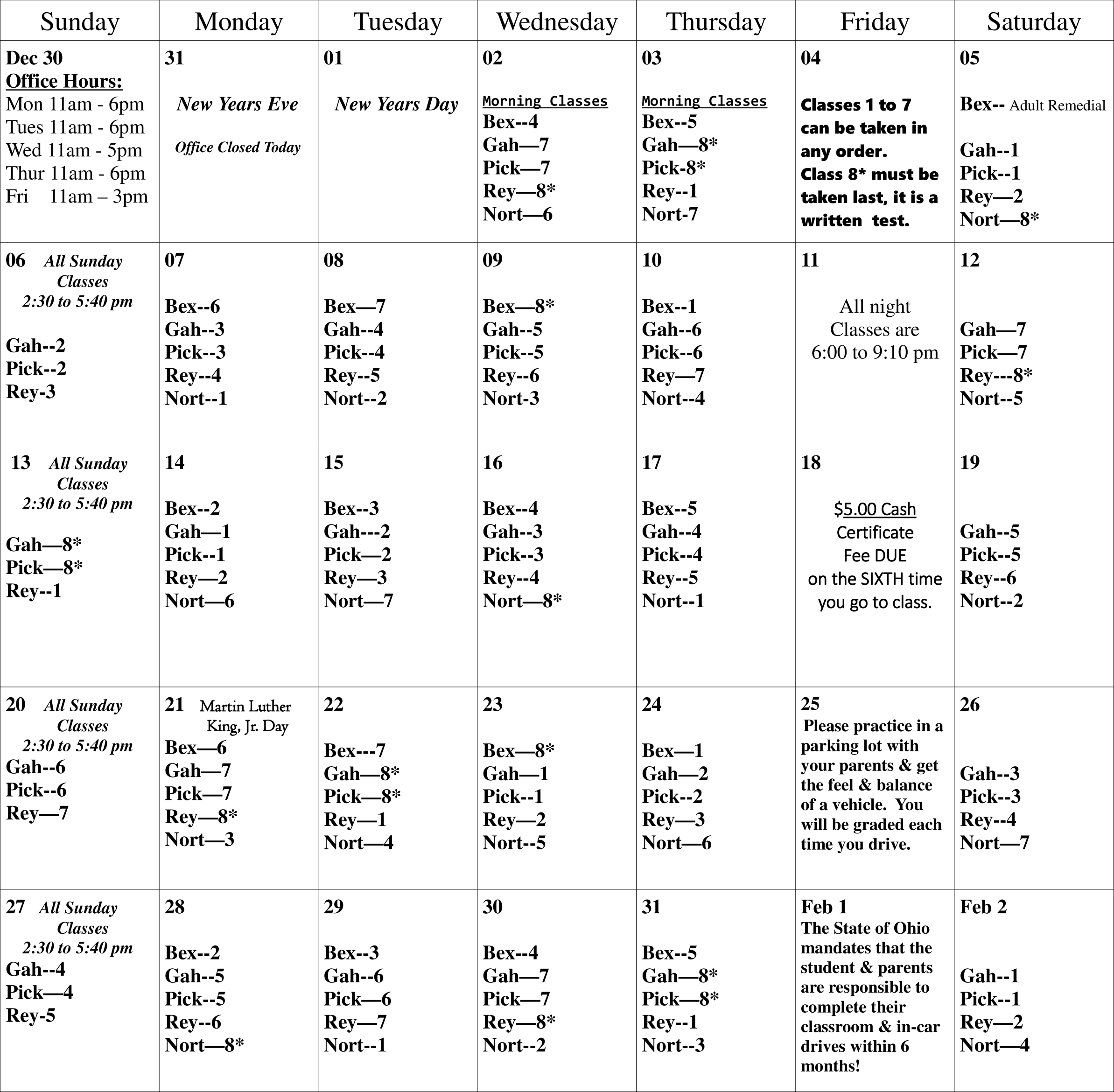 January Calendar